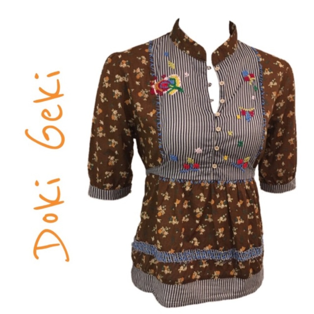 Doki Geki Embroidered Floral Cotton Top Blouse L